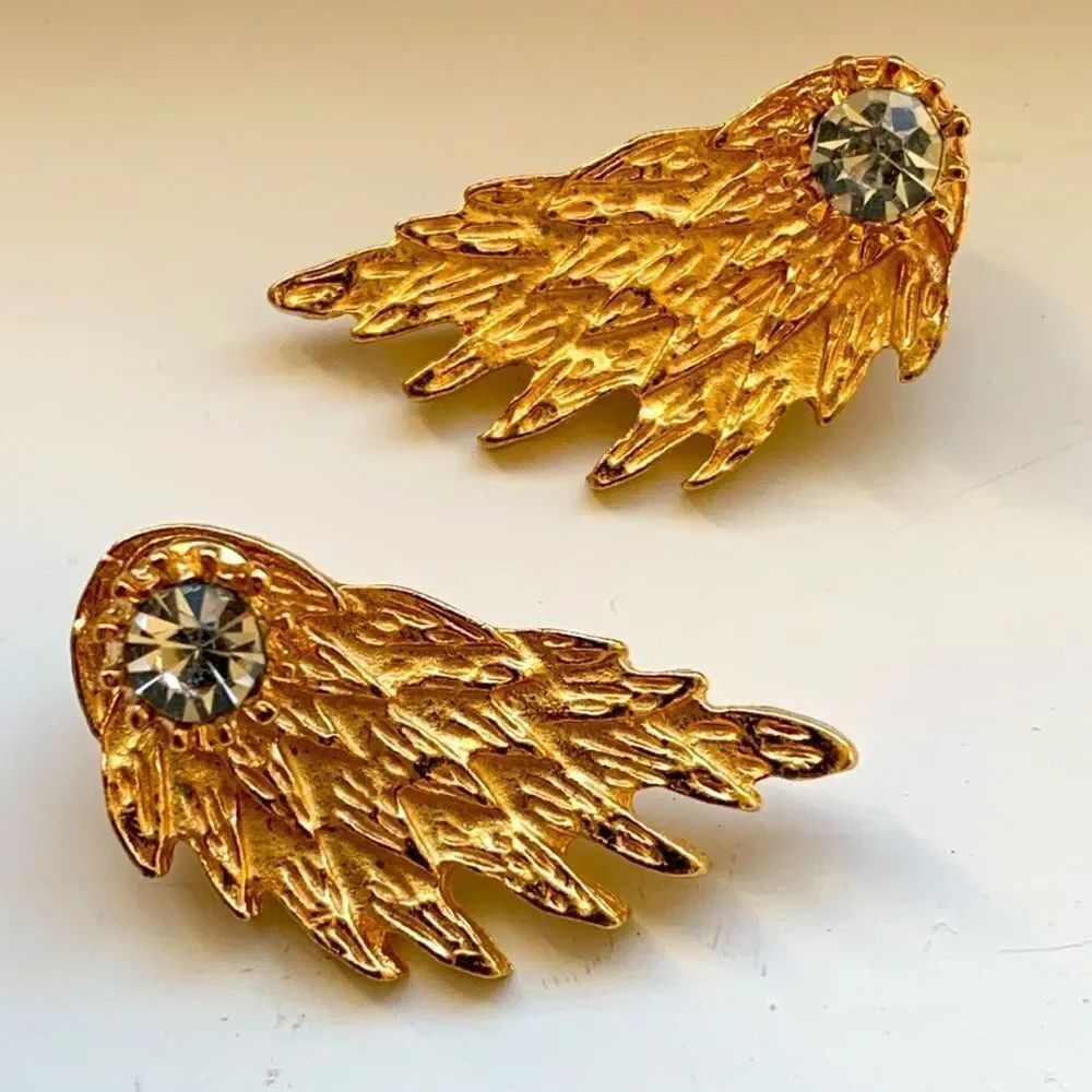 Angel Wing Earrings - Gold Tone Metal Studs with Crystals